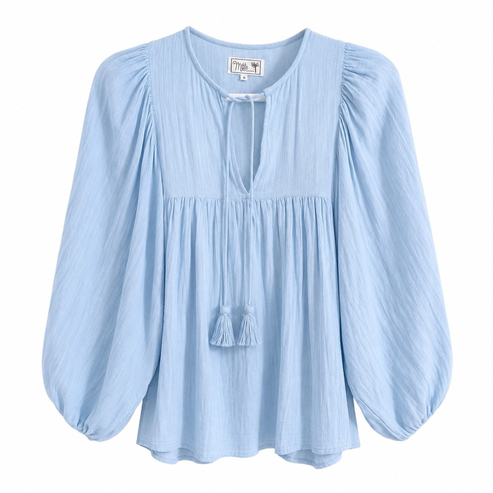 Mille Charlie Top In Riviera Double Gauze 100% Cotton Tassels Balloon Sleeve S